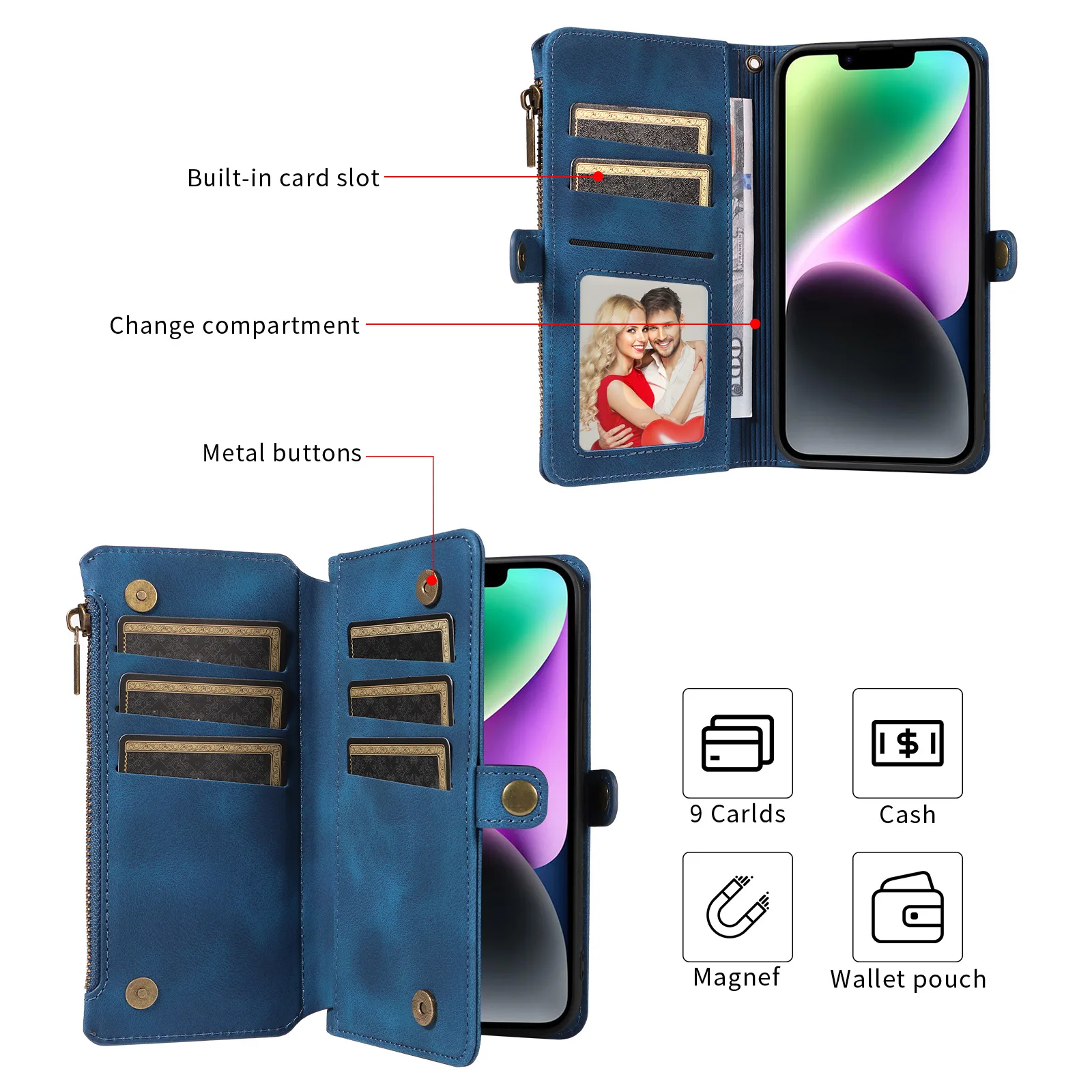 Color: Blue, Material: PU - Zipper Multi 9 Cards Wallet Case for OPPO Reno 12 10 8 7 6 5 Pro 11F 11A 8T 6Z 5Z Retro Leather Lanyard Wrist Strap Phone Cover