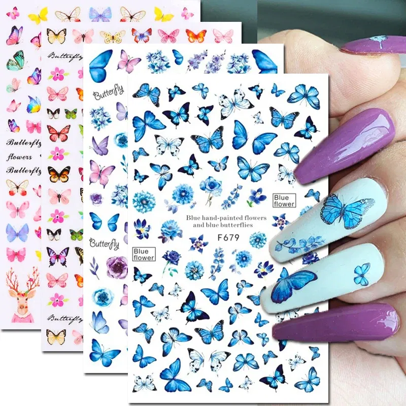 Color: MULTI - 3D Blue Butterfly Adhesive Stickers Nail Art Decoration Laser Flowers Leaves Nail Sticker Nail Art Supplies Nail Parts