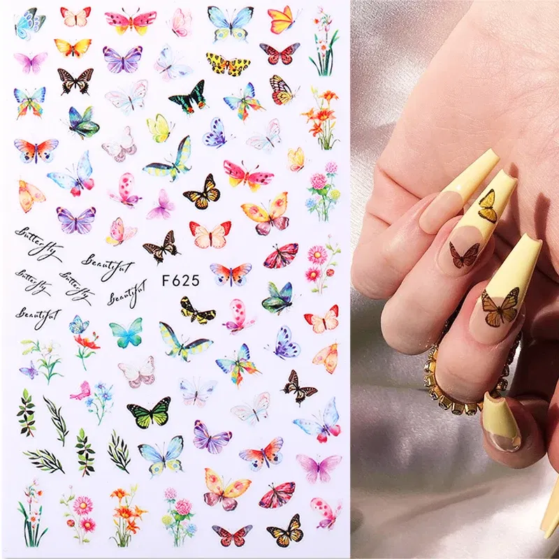 Color: MULTI - 3D Blue Butterfly Adhesive Stickers Nail Art Decoration Laser Flowers Leaves Nail Sticker Nail Art Supplies Nail Parts
