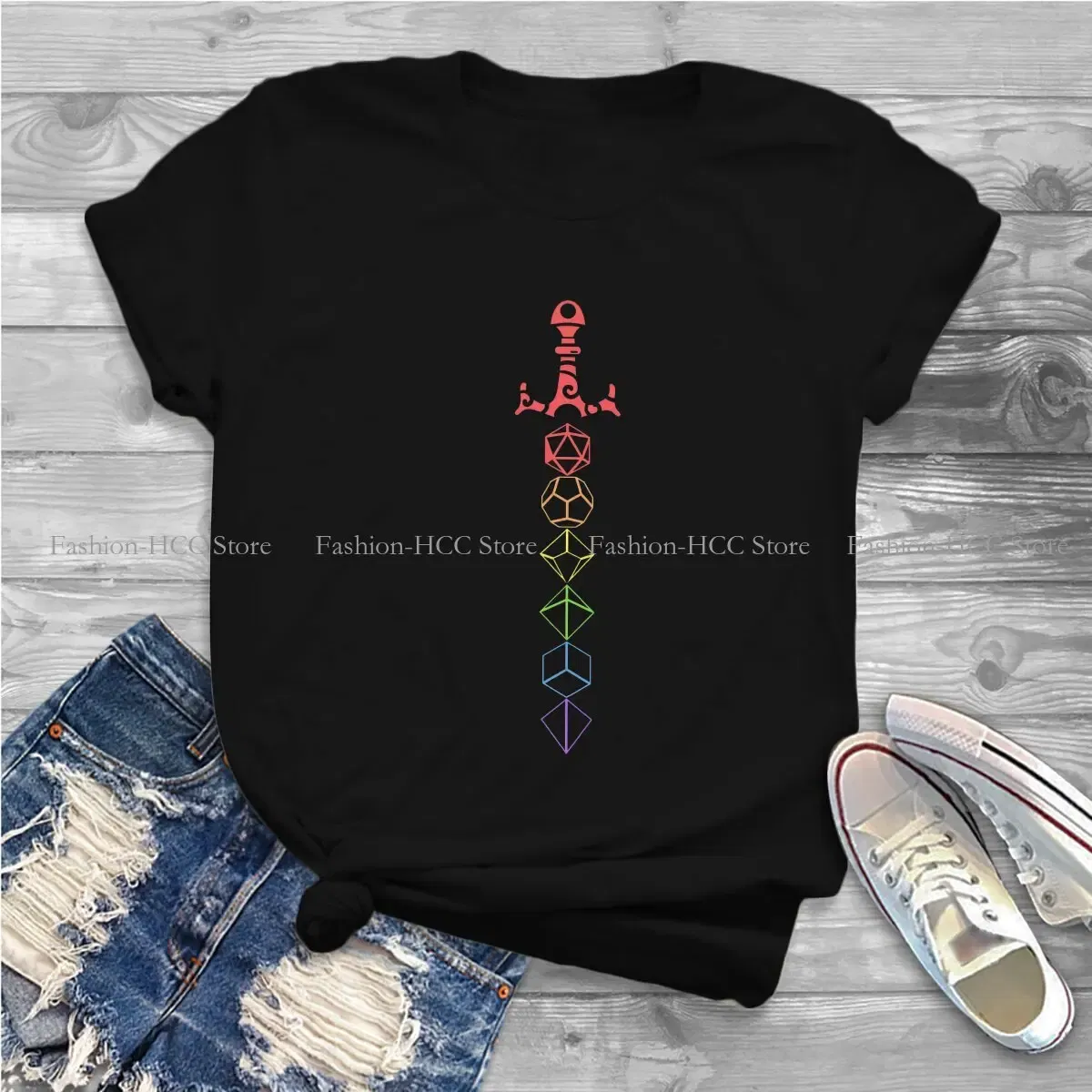 Color: black, Size: L - Rainbow Dice Sword Tabletop RPG Gaming Unique Polyester TShirt DND Game Top Quality Hip Hop Graphic T Shirt Stuff