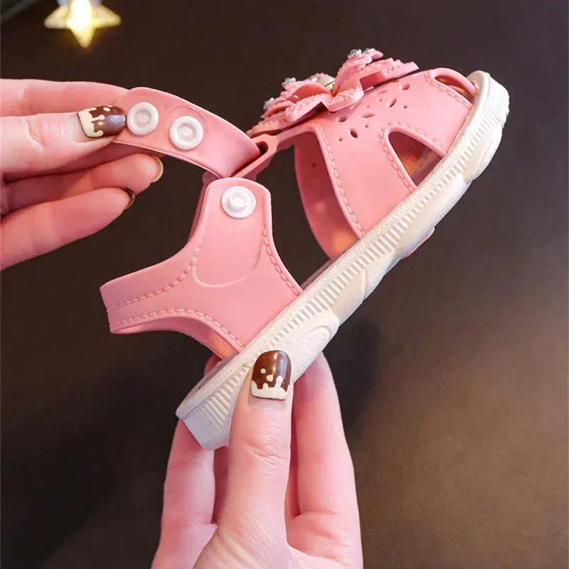 Color: Blue, Shoe Size: 5 - Solid Bow Children's Summer Shoes Cute PVC Beach Non Slip Sandals For Baby Girls Footwear Soft Infant Kids Fashion Sandals