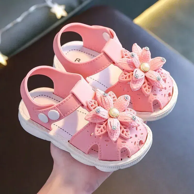 Color: Blue, Shoe Size: 5 - Solid Bow Children's Summer Shoes Cute PVC Beach Non Slip Sandals For Baby Girls Footwear Soft Infant Kids Fashion Sandals