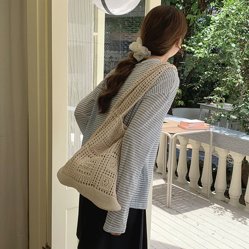 Color: Blue - Simple Crochet Tote Bags Fashion Hollow Knitted Women's Bags Casual Female Shoulder Bags Ladies Shopping Top-Handle Bags Handbag