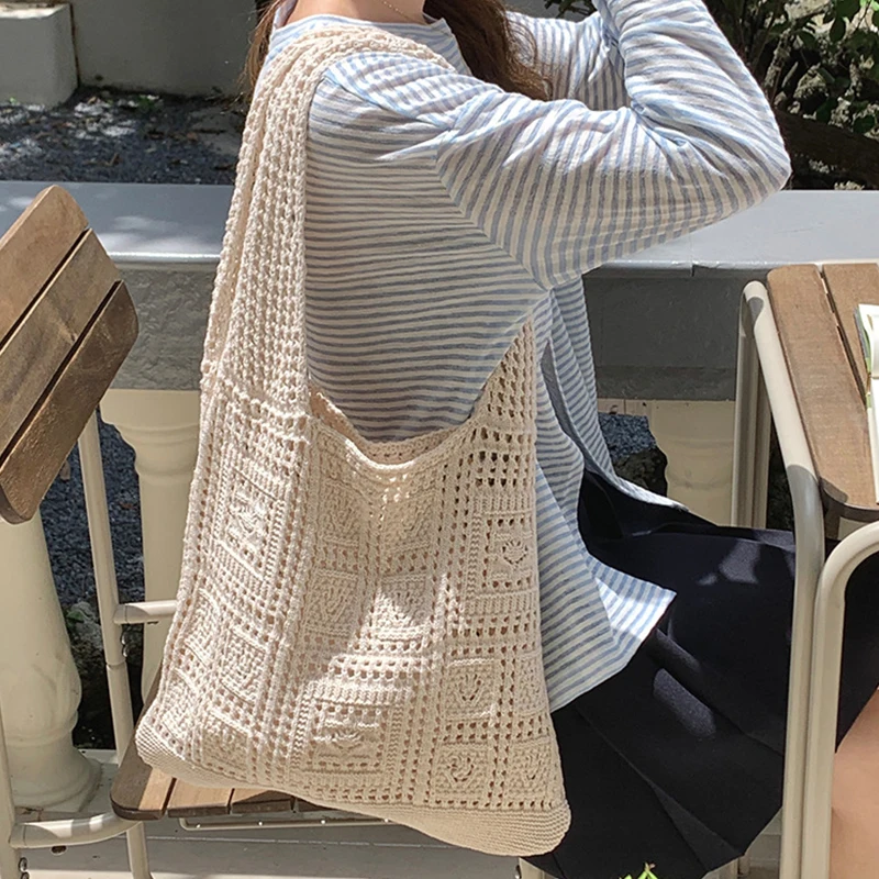 Color: Blue - Simple Crochet Tote Bags Fashion Hollow Knitted Women's Bags Casual Female Shoulder Bags Ladies Shopping Top-Handle Bags Handbag