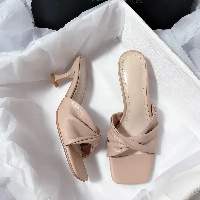 Color: light yellow, Shoe Size: 41 - Fashion Summer Women Shoes New Handmade Square Open Toe High Heels Outdoor Fashion Slippers Apricot Off White