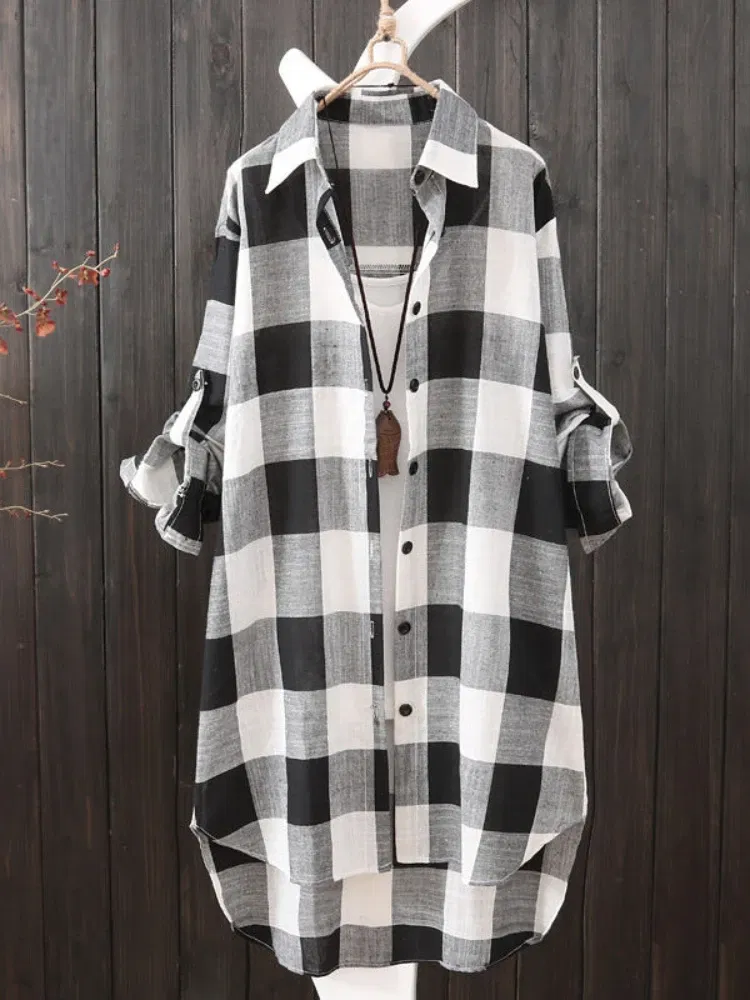Color: black, Size: XL - Women's Plaid Cotton Shirt Chic Women Blouse Elegant and Youth Women's Blouses New In External Clothes Korean Style