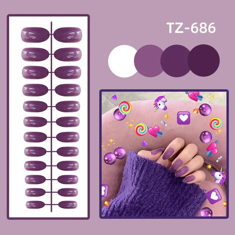 Color: camel - 24Pcs/Set Long Round Head Bright Solid Color Press On Acrylic Nail Art Fake Nails Finished Wearing Manicure Reusable False Nails