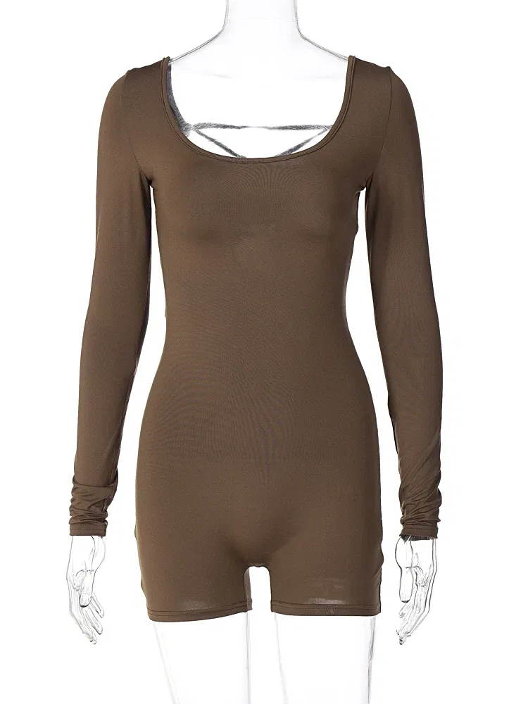 Color: GRAY, Size: M - Hugcitar Long Sleeves Backless Solid Lace Up Sexy Slim Skinny Playsuit 2024 Fall Women Fashion Y2K Streetwear Party Club Rompe