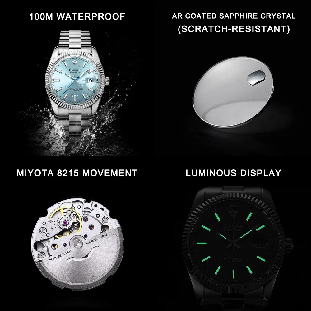 Color: Gold - CADISEN New Mens Mechanical Automatic Watch Top Brand Luxury C3 Luminous AR Sapphire MIYOTA 8215 100M Waterproof Gift Watch Men