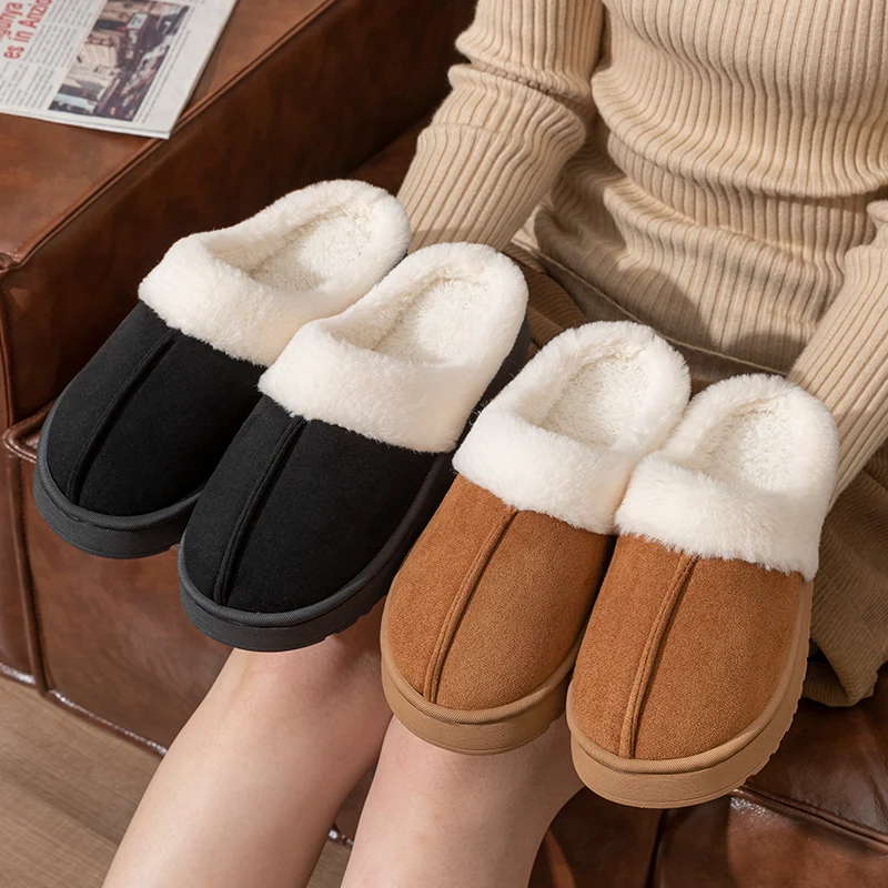 Color: black, Shoe Size: 40-41 - New Fluffy Home Warm Slippers Women Soft Sole Bedroom Plush Lined Winter Shoes Woman Comfortable Non Slip Faux Fur Slippers 2024