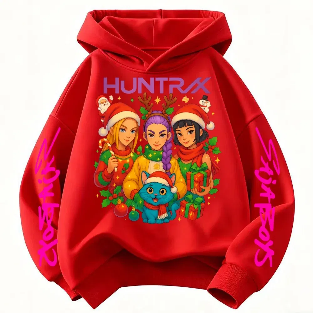 Color: Beige, Kid Size: 4T - KPop Demon Hunters Christmas Hoodie Girls Fashion Casual Sweatshirt Movie Kids K-Pop Demon Hunters Hooded Tops