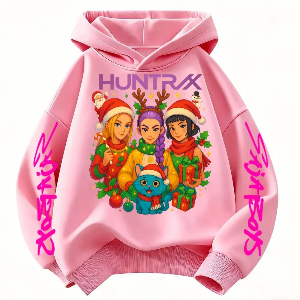 Color: Beige, Kid Size: 4T - KPop Demon Hunters Christmas Hoodie Girls Fashion Casual Sweatshirt Movie Kids K-Pop Demon Hunters Hooded Tops