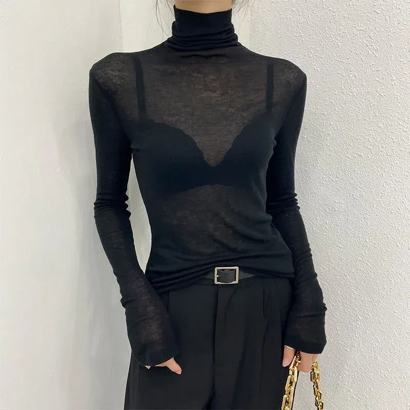 Color: black, Size: L - New Fashion Basic Turtleneck Long Sleeve Women T-shirt Autumn Winter Long Sleeve Slim Stretch Tops Ladies Sexy Tees Plus Size