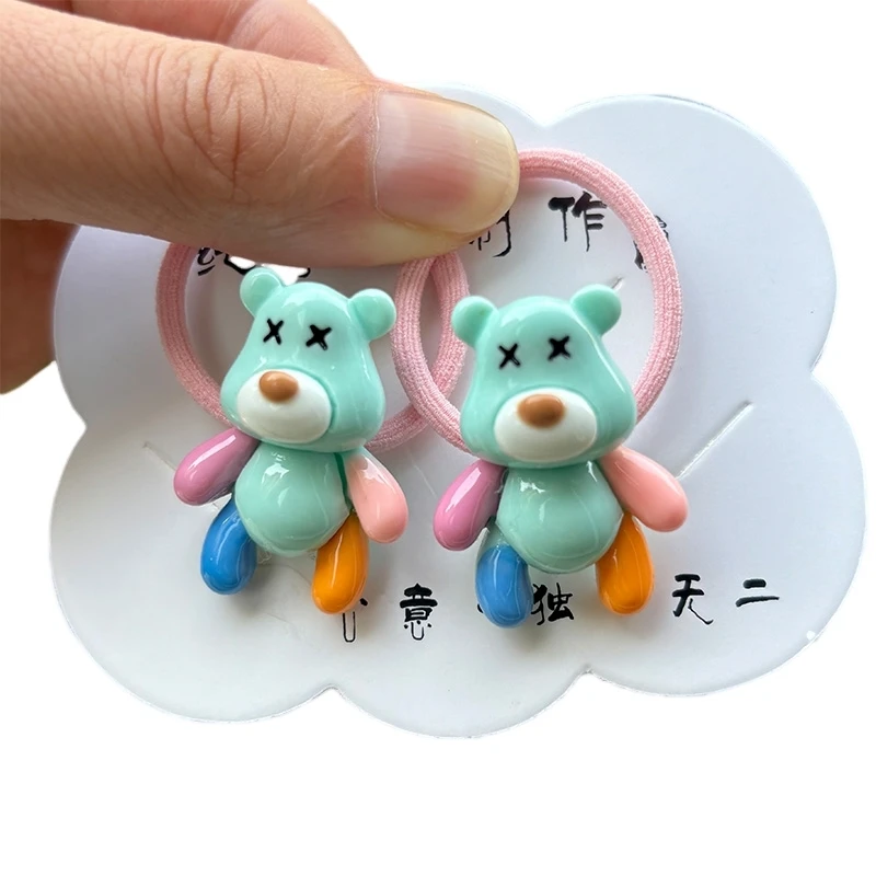 Color: Yellow - 2PCS New Red Cartoon Lovely Cream Bear Girls Kids Elastic Hair Bands Princess Hair Accessories Children Hair Ties Baby Headwear