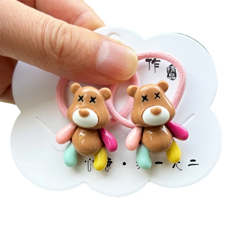 Color: Yellow - 2PCS New Red Cartoon Lovely Cream Bear Girls Kids Elastic Hair Bands Princess Hair Accessories Children Hair Ties Baby Headwear