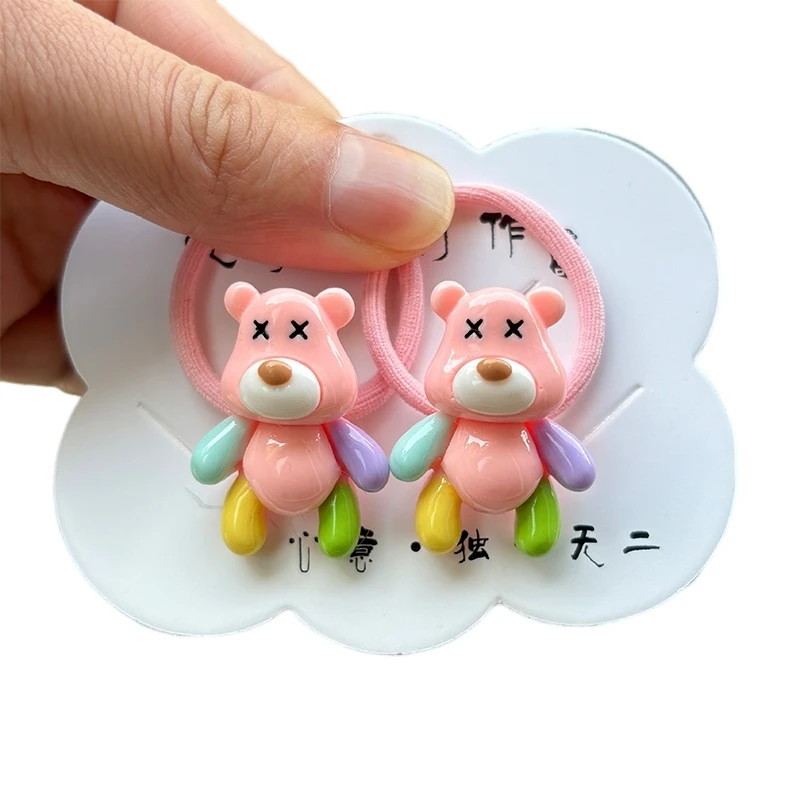 Color: Yellow - 2PCS New Red Cartoon Lovely Cream Bear Girls Kids Elastic Hair Bands Princess Hair Accessories Children Hair Ties Baby Headwear