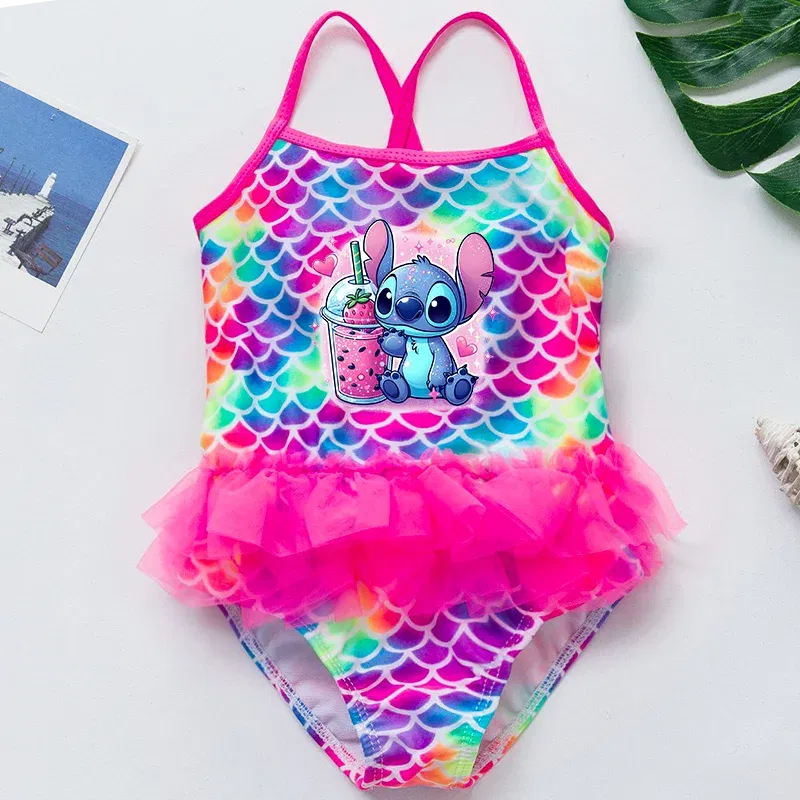 Color: MULTI, Kid Size: 6M - Lilo Stitch Girl Swimsuit Summer One-Piece Swimwear Beachwear Pool Mermaid Fish Scale Print Bikini Bathing Outfit Swimming Wear