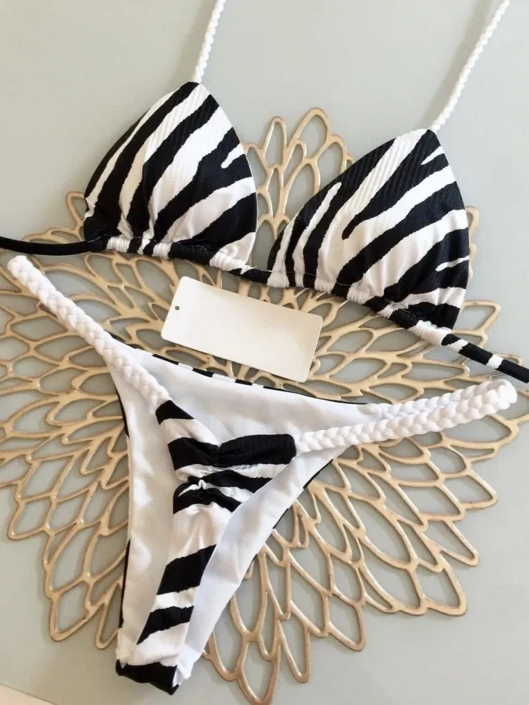 Color: Khaki, Size: M - Bikini High Waist Swimsuit Sexy Thong Bikini Set Zebra Print Women Brazilian Swimwear 2023 New Biquini Swim Bathing Suits Women