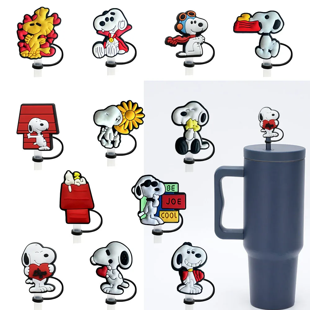 Color: Burgundy - 1-12PCS Cute  MINISO Snoopy Straw Cover Cap With 30&40Oz Cup10mm Straw Toppers Reusable Dust-Proof Straw Caps Cartoon Drink Stra