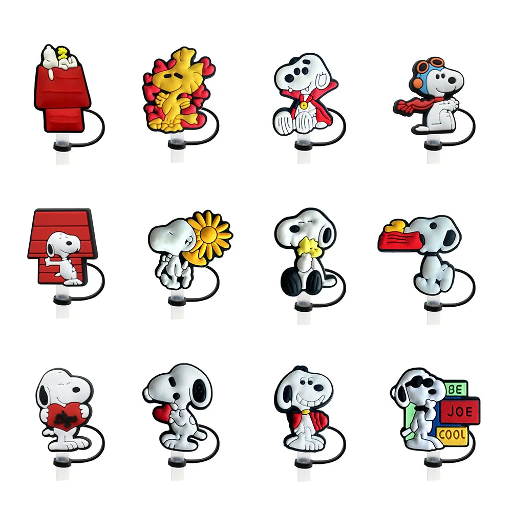 Color: Burgundy - 1-12PCS Cute  MINISO Snoopy Straw Cover Cap With 30&40Oz Cup10mm Straw Toppers Reusable Dust-Proof Straw Caps Cartoon Drink Stra