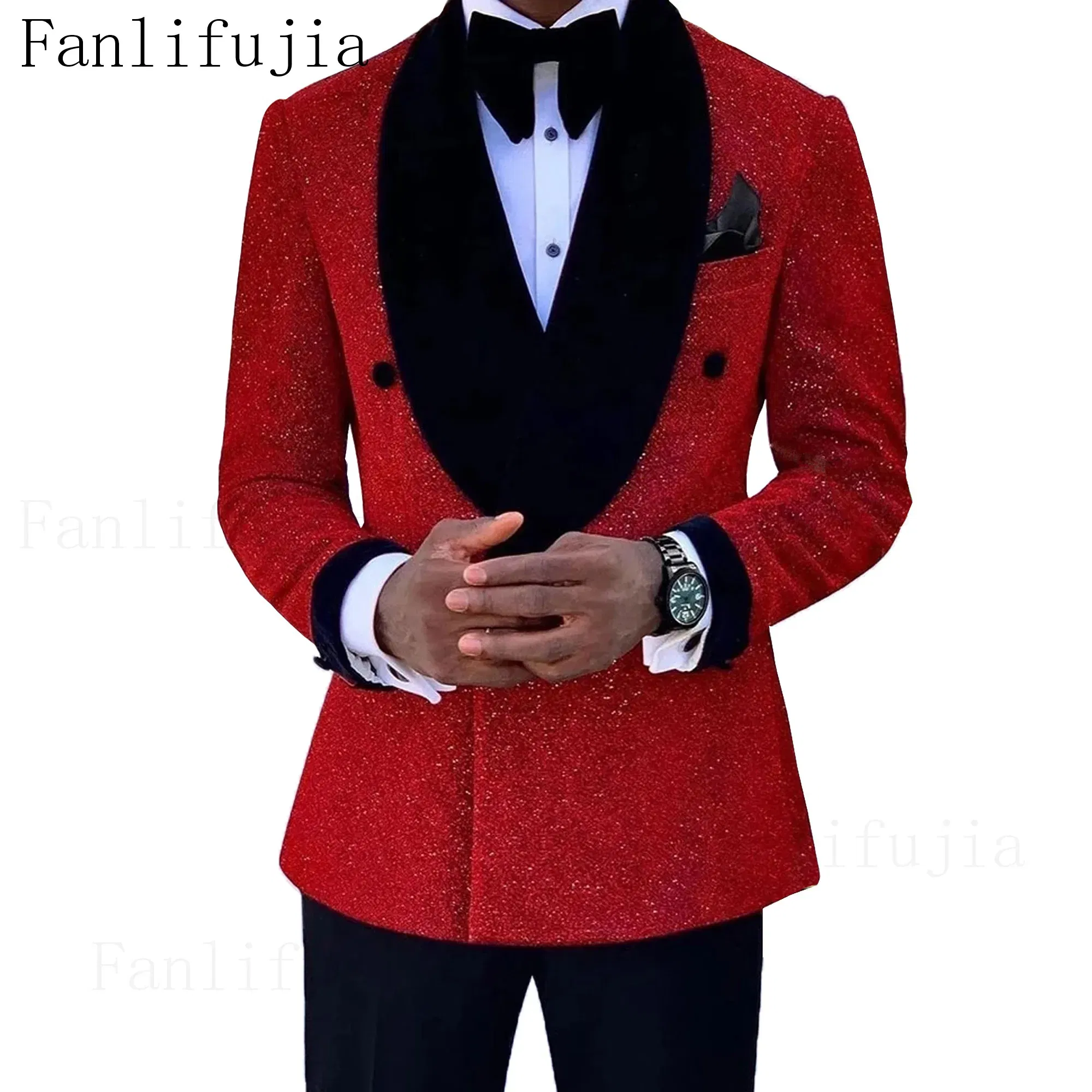 Color: Red, Size: 4XL - Fanlifujia Luxury Red Glitter Suits Men Groom Wedding Tuxedo Double Breasted Blazer Formal Evening Party Prom Dress 2 Pieces Set