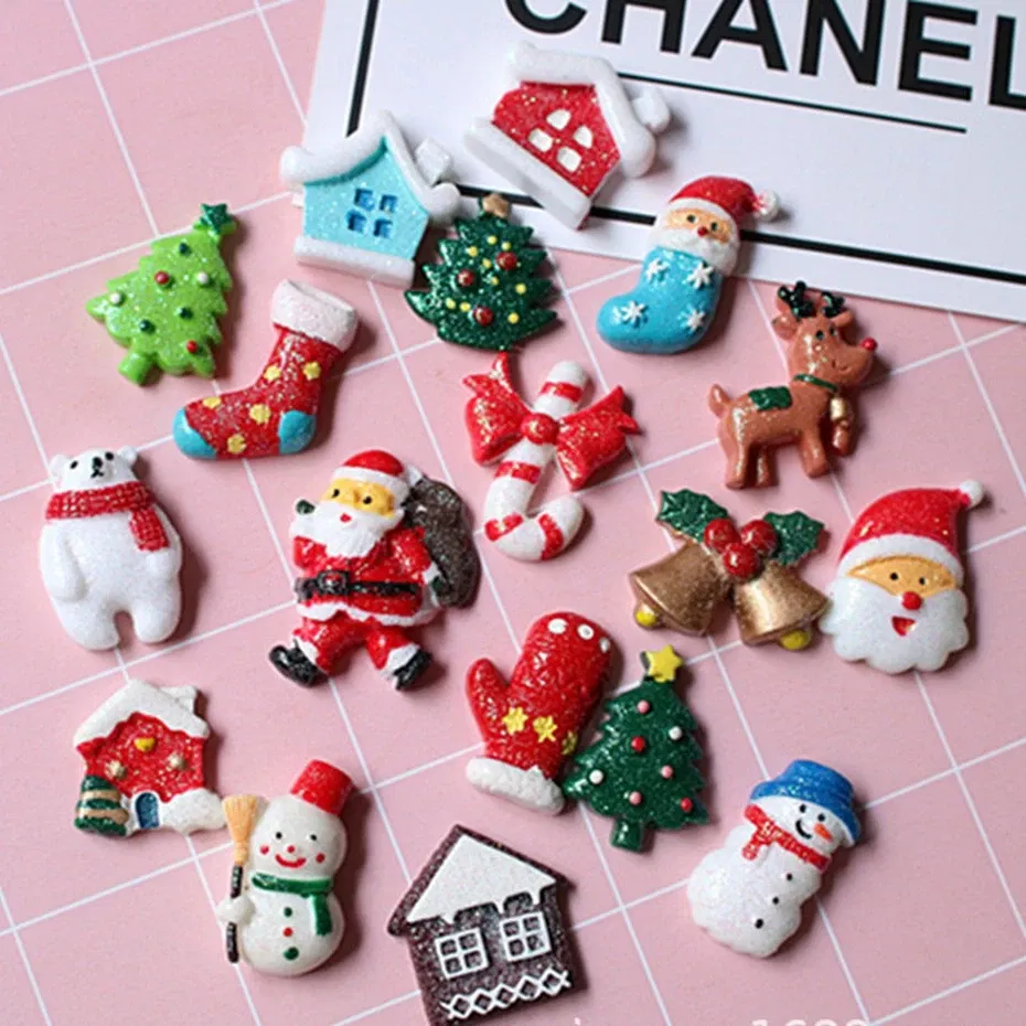 Color: WHITE - 100pcs/lot Glitter Christmas tree snowman 3D resin patch for diy fridge magnet phone hair accessories wholesale