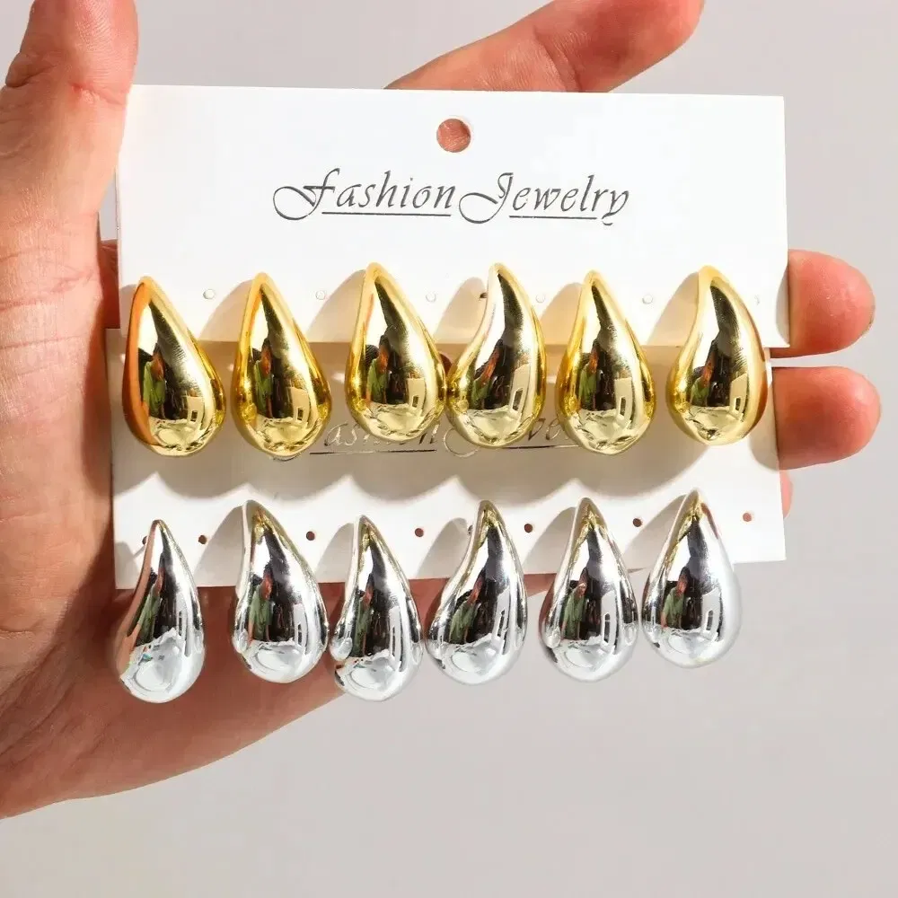 Metal Color: Black - 3 Pair/Set Chunky Gold Plated Waterdrop Hoop Earrings for Women Smooth Multicolour Acrylic Tear Drop Earring Lightweight Jewelry