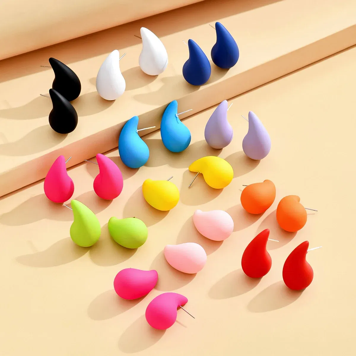 Metal Color: Black - 3 Pair/Set Chunky Gold Plated Waterdrop Hoop Earrings for Women Smooth Multicolour Acrylic Tear Drop Earring Lightweight Jewelry