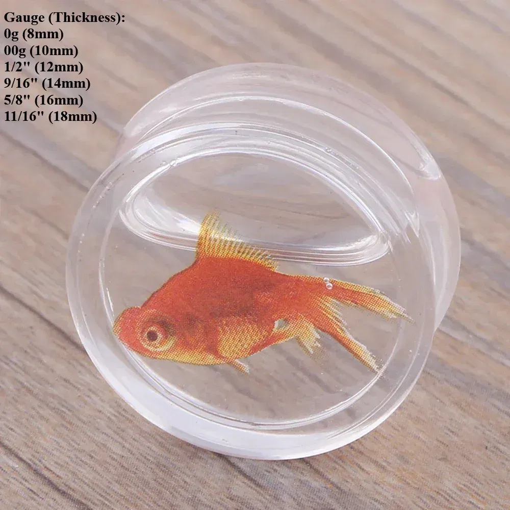 Metal color: Light Yellow Gold Color, Main Stone Color: green - 2Pcs Acrylic Liquid Goldfish Ear Plug Double Flared Saddle Flesh Tunnel Gauge Stretcher 8mm-18mm