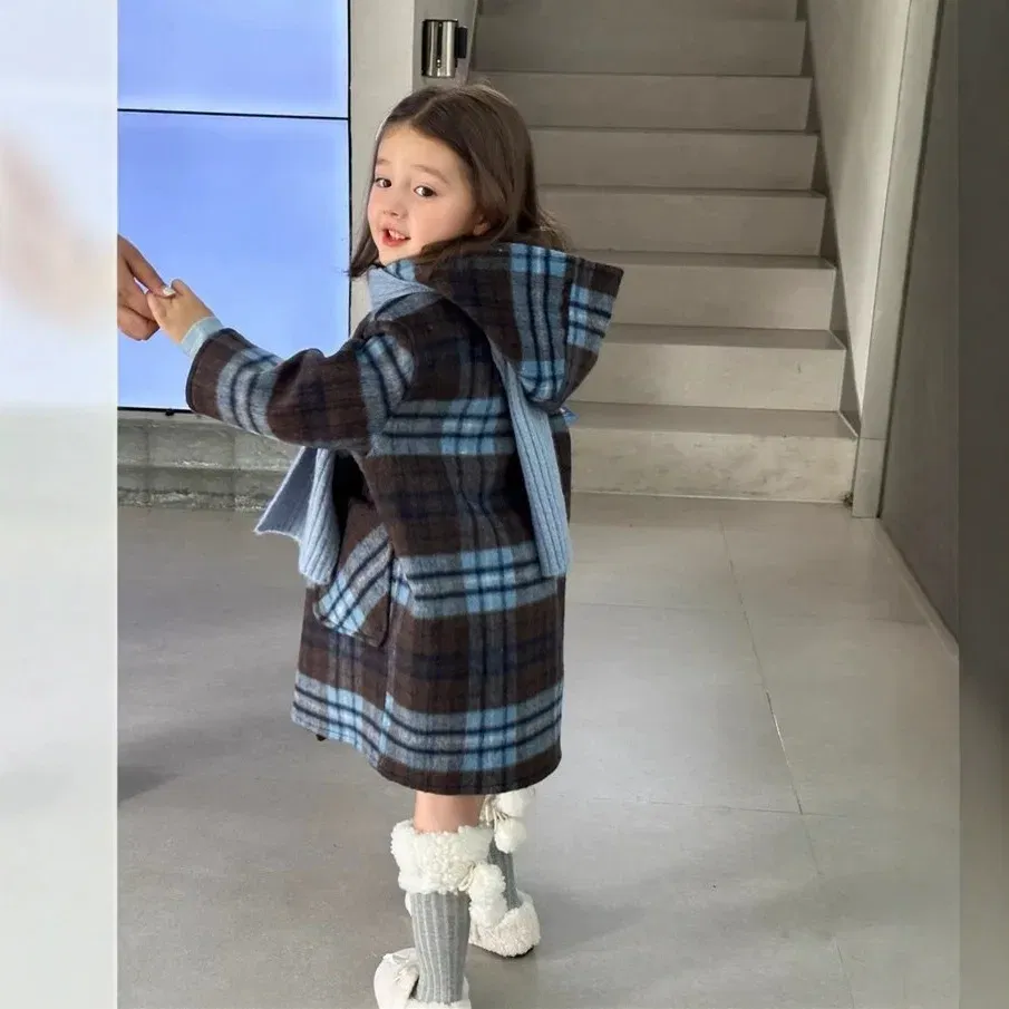 Color: Blue, Kid Size: 8T - Children's Coats Plaid Printed Woolen Padded Hooded Coat Kids Jackets for Girls Winter Clothes Kids Jacket