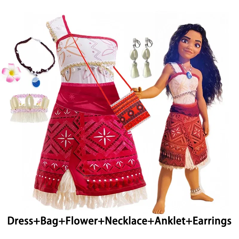 Color: Khaki, Kid Size: 8T - Disney Movie Moana 2 Girl Dress Cosplay Party Costume Ocean Adventure Princess Fancy Clothes Children Vaiana Outfit Dress
