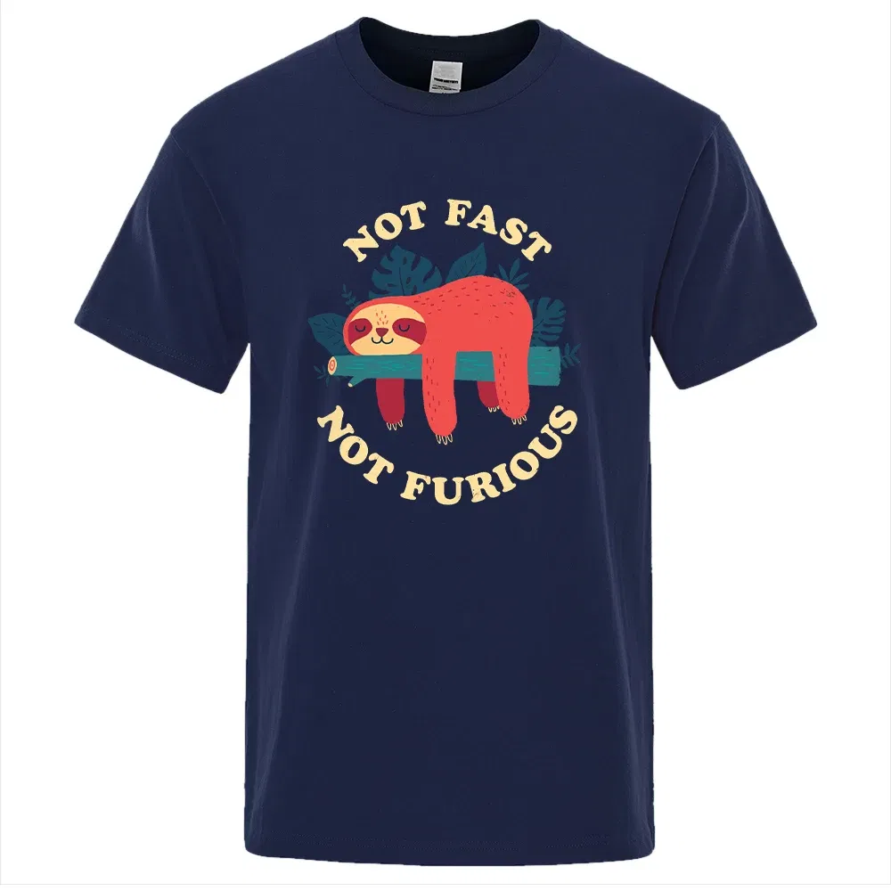 Color: Yellow, Size: S - Not Fast Not Furious Sloth Cute Print Men Tee Shirts Breathable Cotton Tops Street Fashion T-shirt Women Casual Summer T Shirts