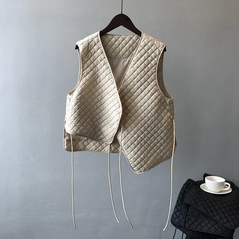 Color: black, Size: L - Women Clothes Fashion Casual Diamond Check Cotton Vest 2024 Winter New Girl Temperament Korean style Loose Casual Padded Vest