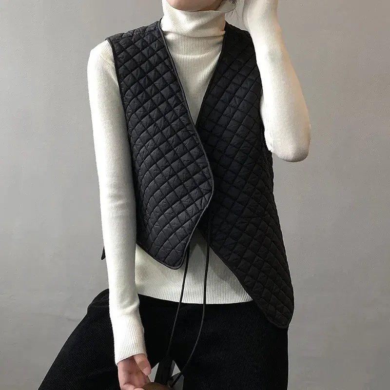 Color: black, Size: L - Women Clothes Fashion Casual Diamond Check Cotton Vest 2024 Winter New Girl Temperament Korean style Loose Casual Padded Vest
