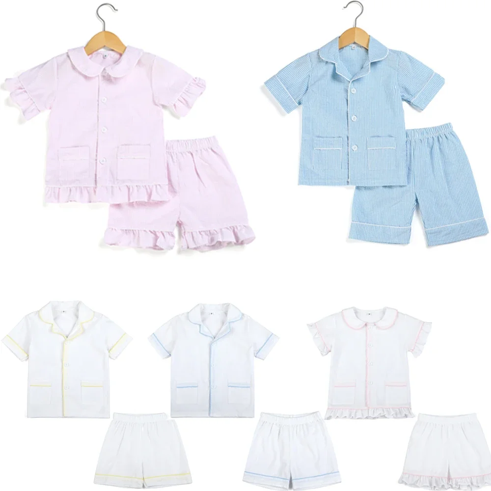 Color: Orange, Ships From: CHINA, Kid Size: 6T - Ruffkids 100% Cotton Summer Kids Pajamas Sleepwear Seersucker Striped Matching Pjs Boys Clothes Loungewear Girls Pyjamas Set