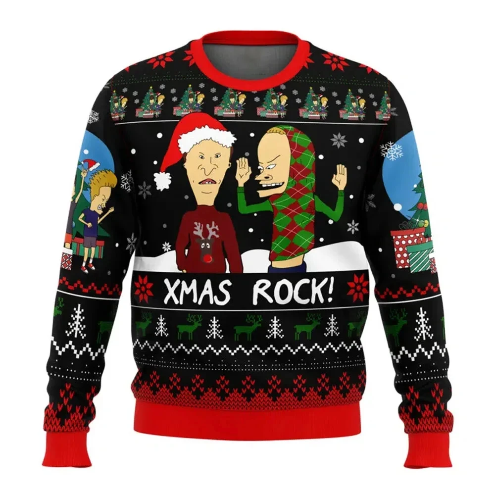 Color: black, Size: L - Xmas Rock Beavis and Butthead Ugly Christmas Sweater Cartoon Anime Women Men Pullover Tops New Fashion Couple Hoodie Sweatshirt