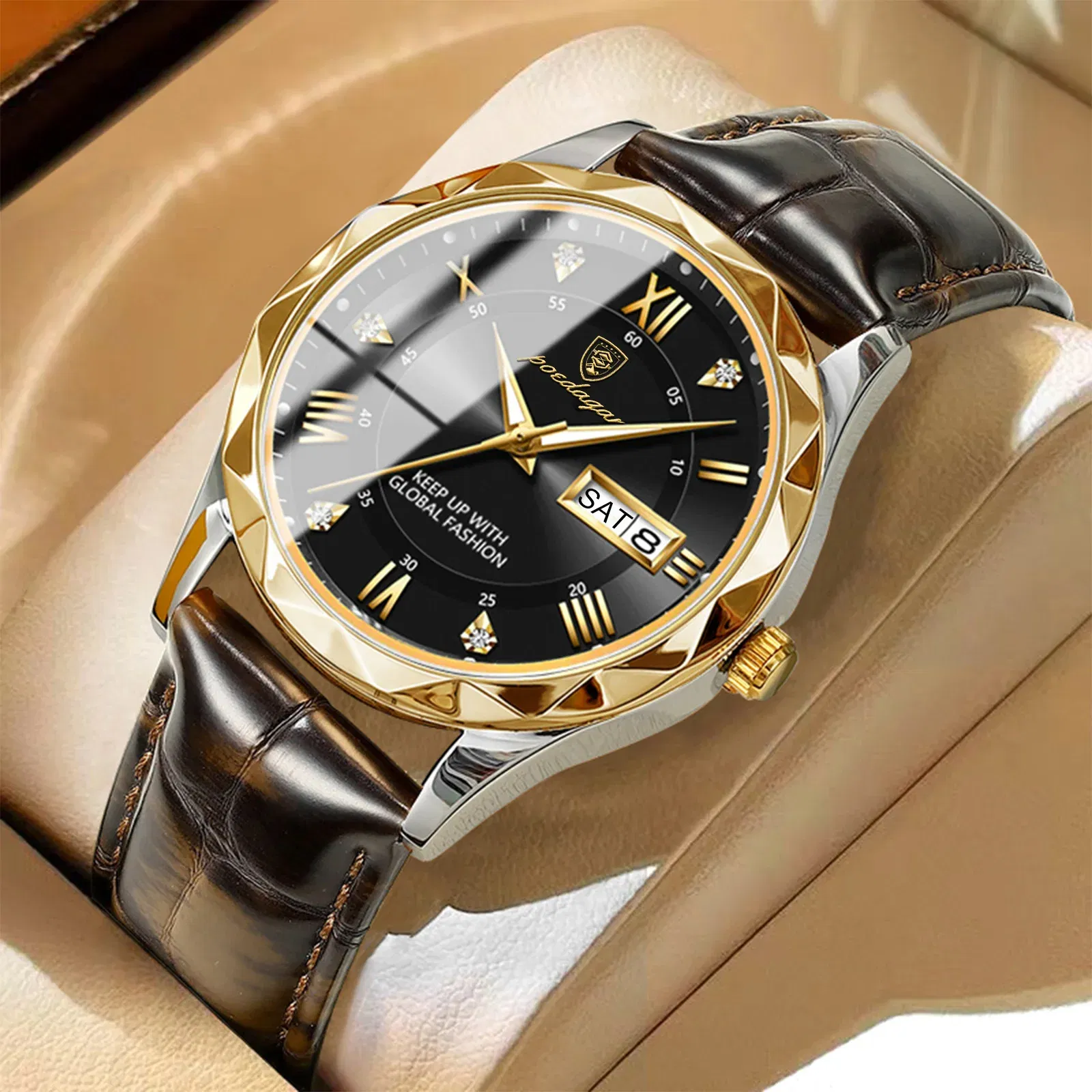 Color: Brown - POEDAGAR Luxury Business Man Wristwatch Waterproof Luminous Date Week Men Watch For Men Quartz Clock Leather Men's Watches reloj