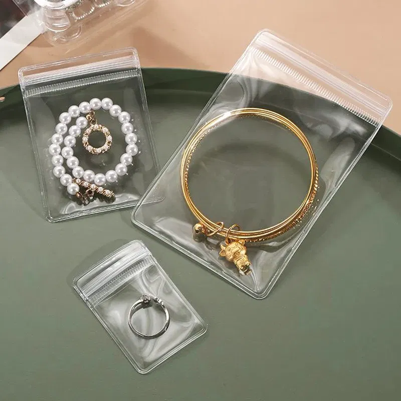 Size: S, Color: black - 100/10Pcs PVC Jewelry Package Bags Thicken Self Sealing Pouches Anti-Oxidation Earring Necklace Clear Organizer Bag Reusable