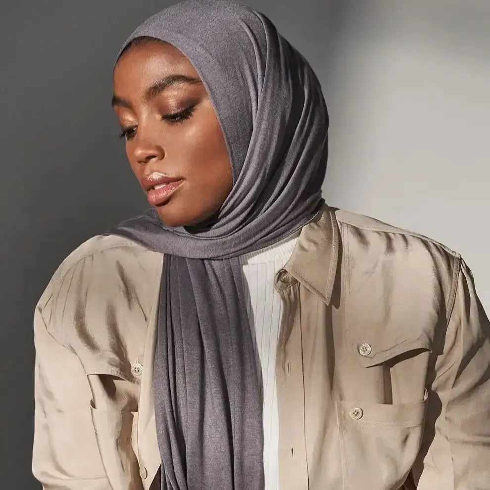 Color: Dark purple - 29Colors Premium Jersey Hijab Scarf Solid Muslim Long Scarves Turban Shawl Elastic Cotton Arab Headscarf Head Wraps Saudi Hijabs