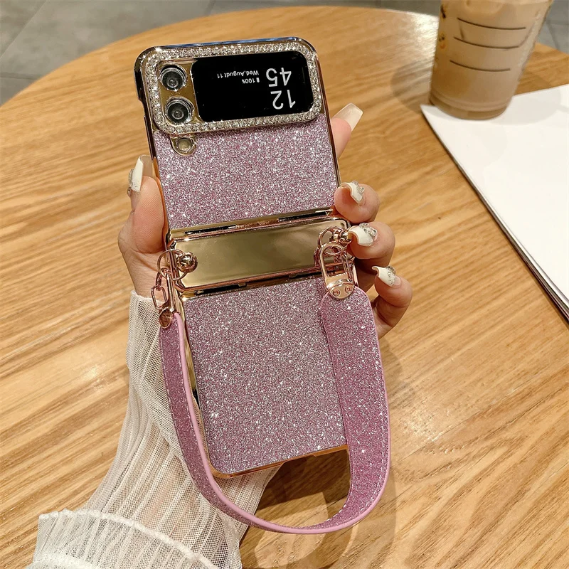 Color: SKY BLUE, Material: Cotton Fabric - For Samsung Galaxy Z Flip 6 5 4 3 Case 3D Jewelled Diamond Luxury Gradient Bling Glitter Wrist Strap Holder Tote Bags Cover
