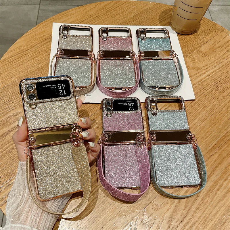 Color: SKY BLUE, Material: Cotton Fabric - For Samsung Galaxy Z Flip 6 5 4 3 Case 3D Jewelled Diamond Luxury Gradient Bling Glitter Wrist Strap Holder Tote Bags Cover