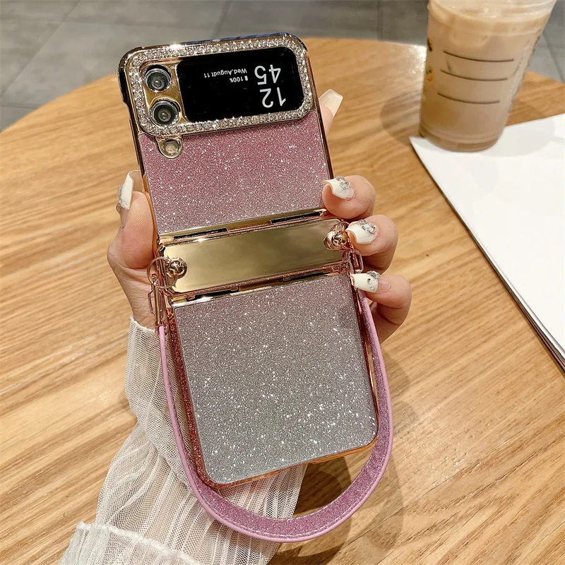 Color: SKY BLUE, Material: Cotton Fabric - For Samsung Galaxy Z Flip 6 5 4 3 Case 3D Jewelled Diamond Luxury Gradient Bling Glitter Wrist Strap Holder Tote Bags Cover