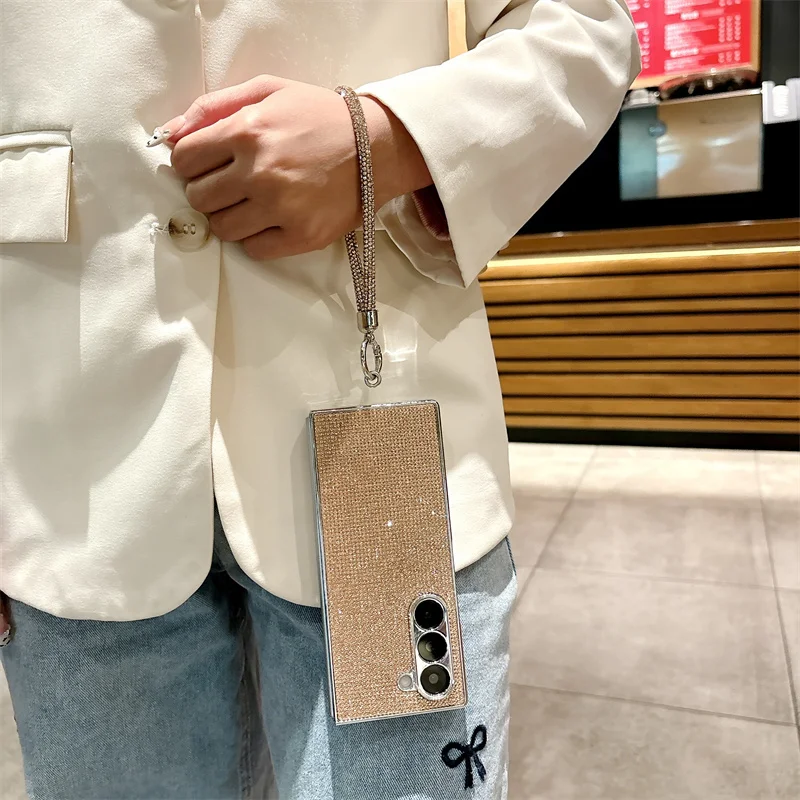 Color: black, Material: CANVAS - Luxury Flash Diamond Sparkling phone case for Samsung Galaxy Z Fold 6 5 zfold 4 Electroplated bracelet shockproof cover