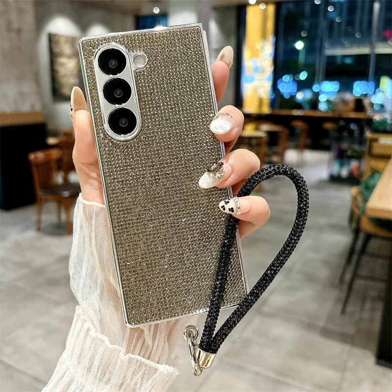 Color: black, Material: CANVAS - Luxury Flash Diamond Sparkling phone case for Samsung Galaxy Z Fold 6 5 zfold 4 Electroplated bracelet shockproof cover