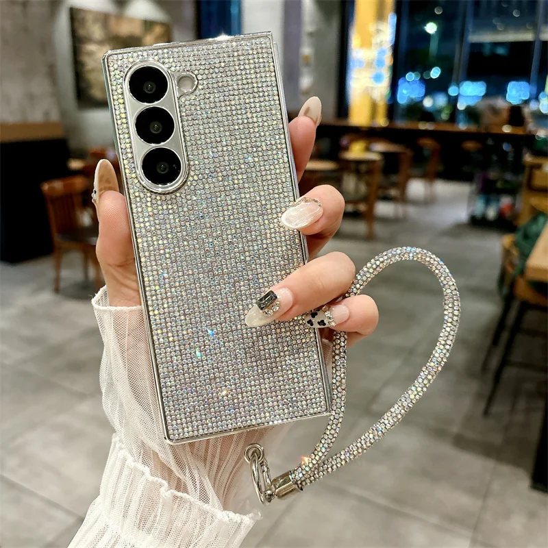 Color: black, Material: CANVAS - Luxury Flash Diamond Sparkling phone case for Samsung Galaxy Z Fold 6 5 zfold 4 Electroplated bracelet shockproof cover