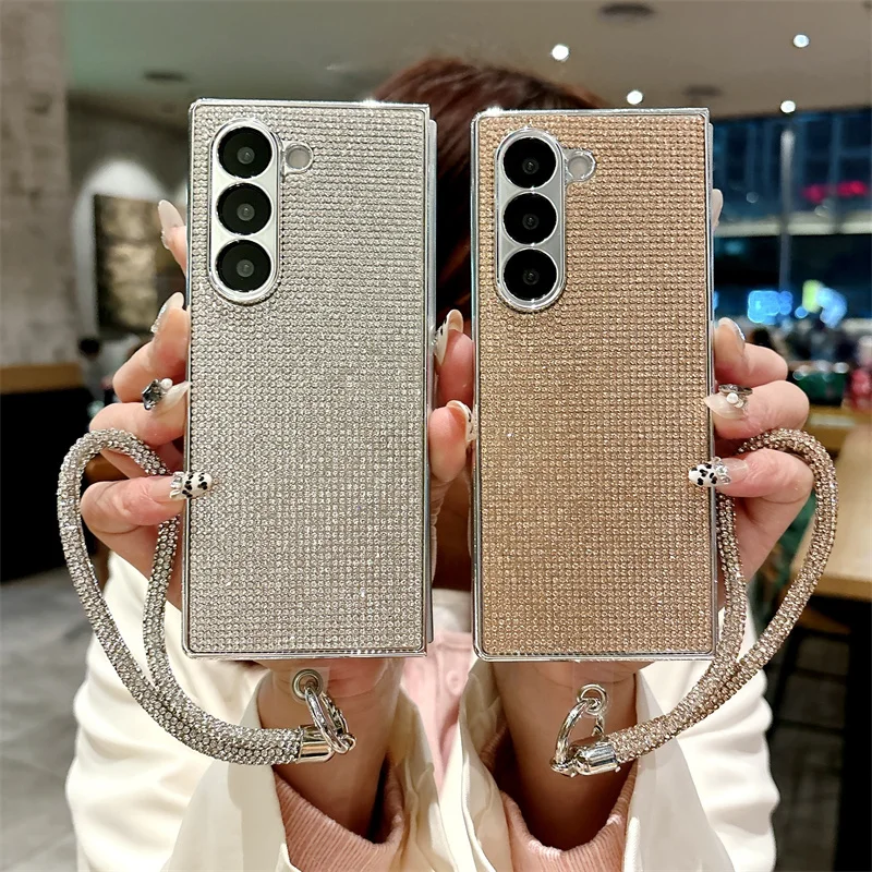 Color: black, Material: CANVAS - Luxury Flash Diamond Sparkling phone case for Samsung Galaxy Z Fold 6 5 zfold 4 Electroplated bracelet shockproof cover