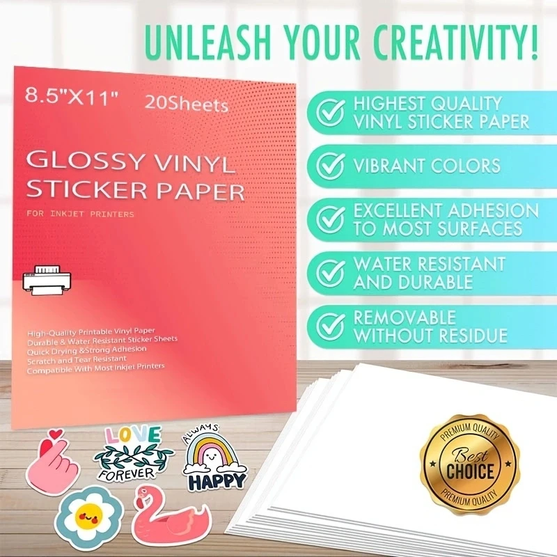 Color: Light White - Printable Vinyl Sticker Paper for Inkjet laser Printer Glossy White Matte 20 Self-Adhesive Sheets Waterproof Decal Paper 8.5x11'