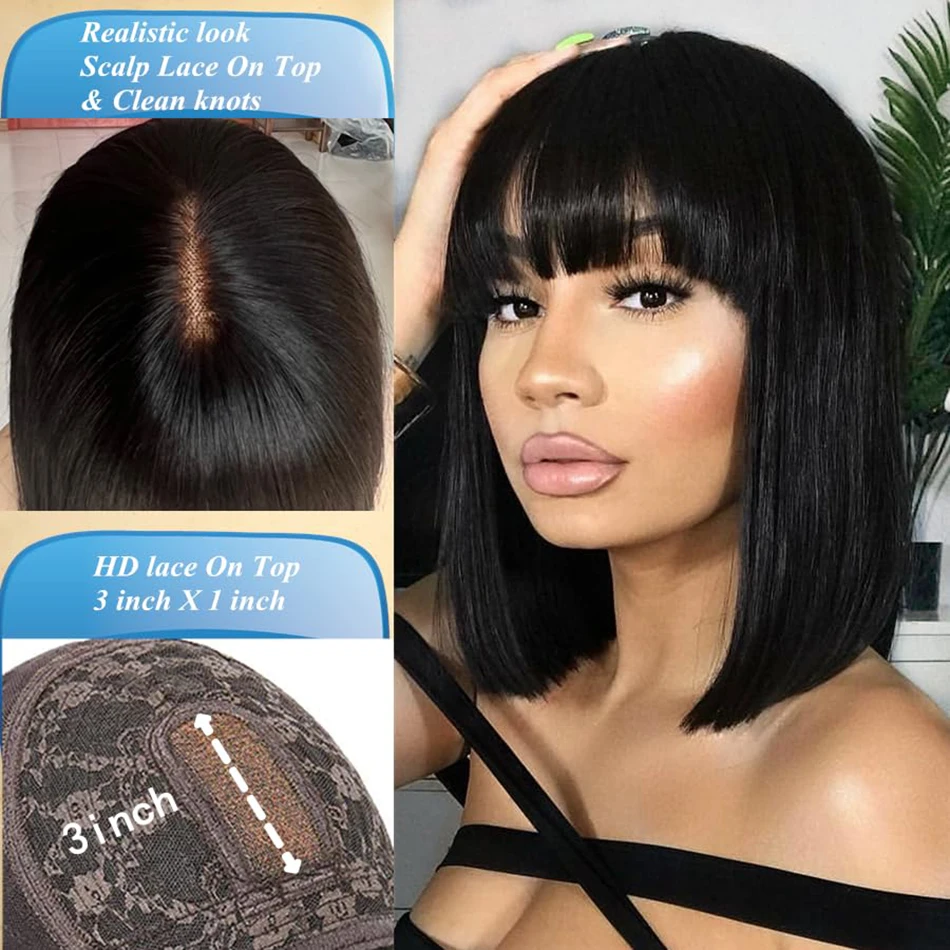 Stretched Length: 10inches, Hair Color: #1, Density: 180%, Ships From: CHINA - Wiggogo 3X1 Middle Part Lace Wig Bone Straight Human Hair Wig With Bangs Full Machine Made Straight Human Hair Wigs For Women