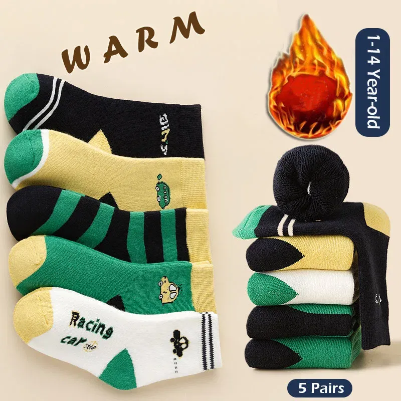 Color: black, Size: 4-6T - Children's Winter Socks 5 Pairs Student's Thick Cotton Socks Boys Warm Winter Socks Cartoon Racing Car Pattern