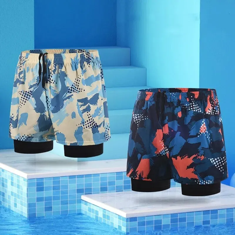 Size: XXXL, Color: Orange - Summer Men's New Quick-drying Double-layer Anti-embarrassment Loose Printed Adult Professional Swimming Trunks